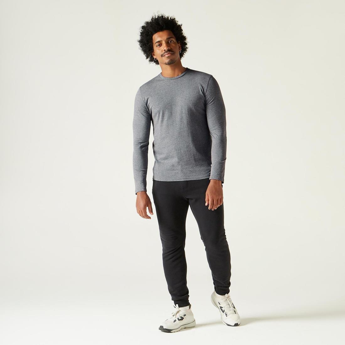 Long-Sleeved Fitness Cotton T-Shirt, Blue, No Color, medium