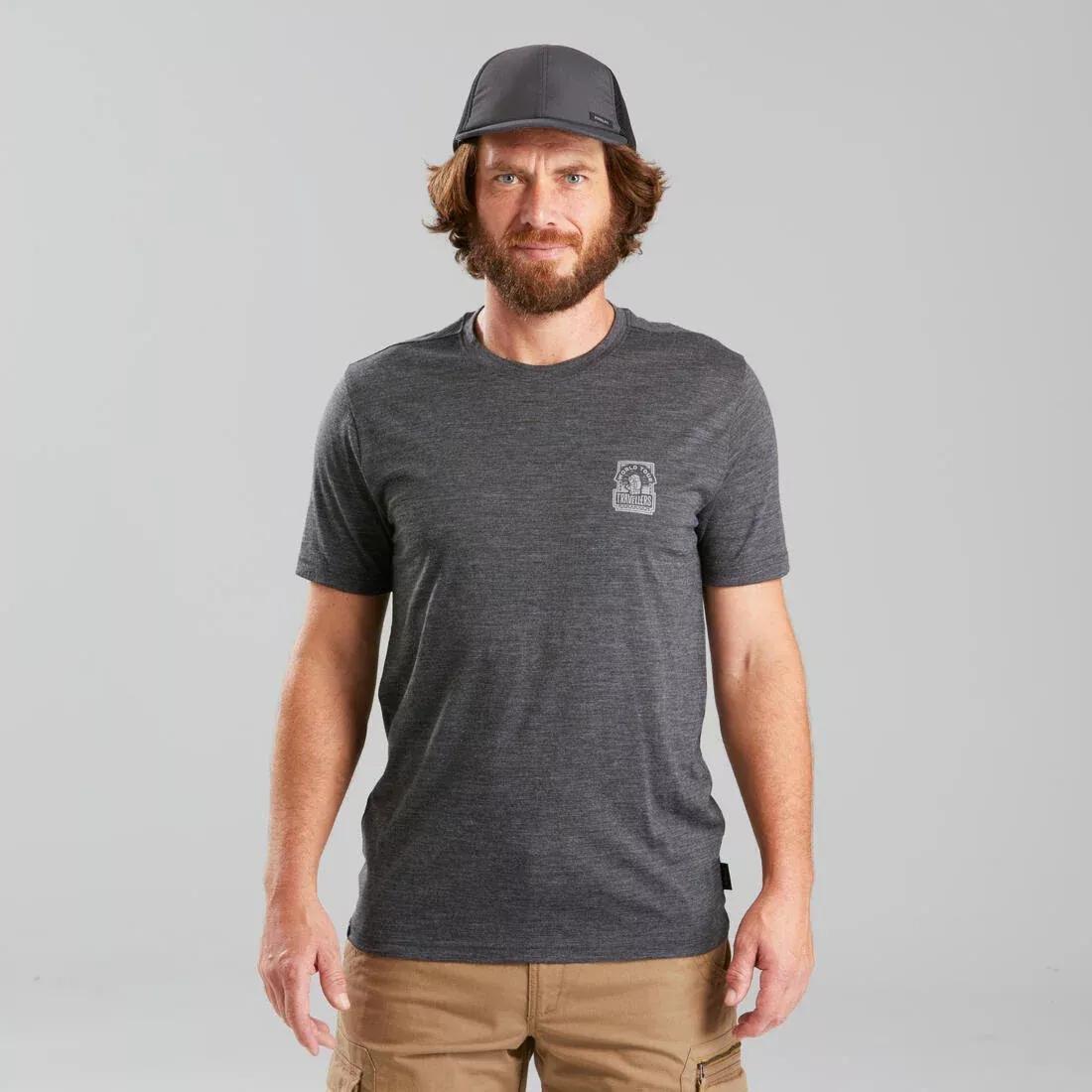 FORCLAZ - Men's travel trekking Merino wool T-shirt - TRAVEL 100, Carbon Grey