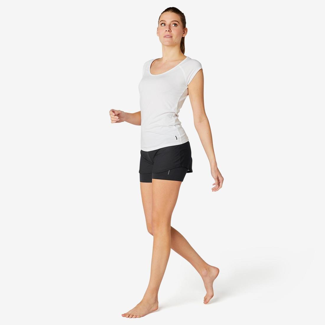 DOMYOS - Stretchy 2-in-1 Cotton Fitness Shorts, Black