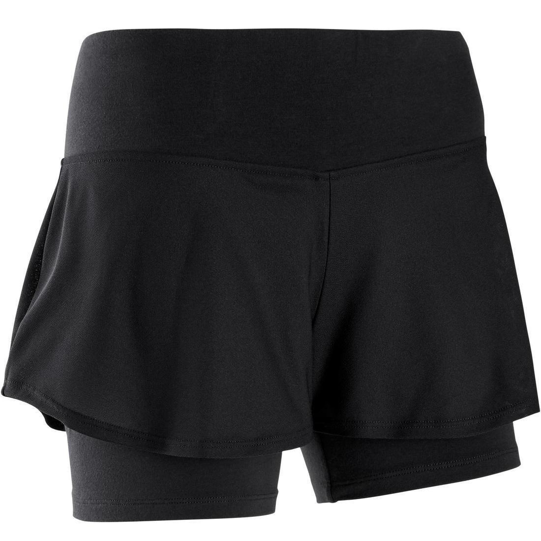 DOMYOS - Stretchy 2-in-1 Cotton Fitness Shorts, Black