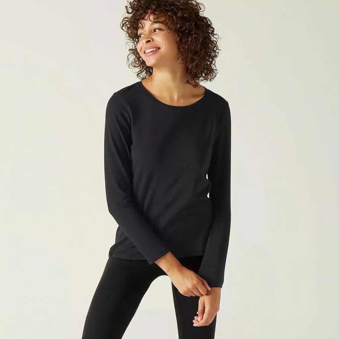 ong-Sleeved Cotton Fitness T-Shirt, Black, 5401_000, medium