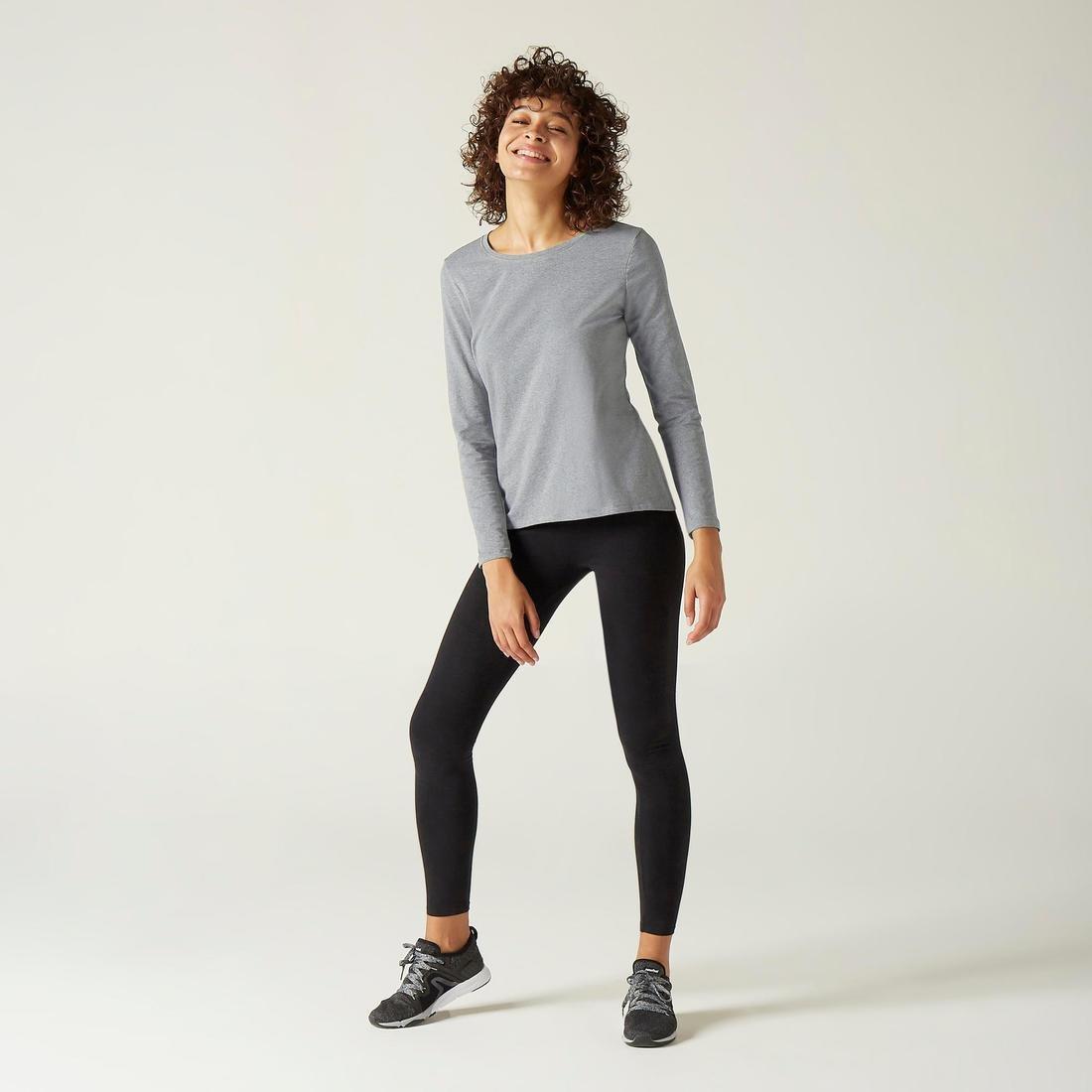 ong-Sleeved Cotton Fitness T-Shirt, Black, No Color, large image number 2