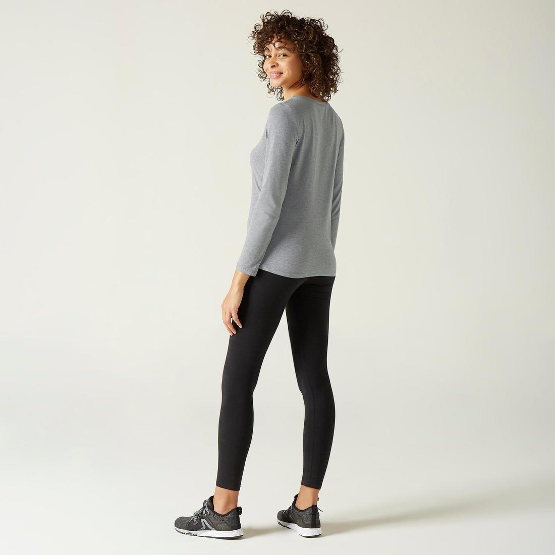ong-Sleeved Cotton Fitness T-Shirt, Black, No Color, large image number 3