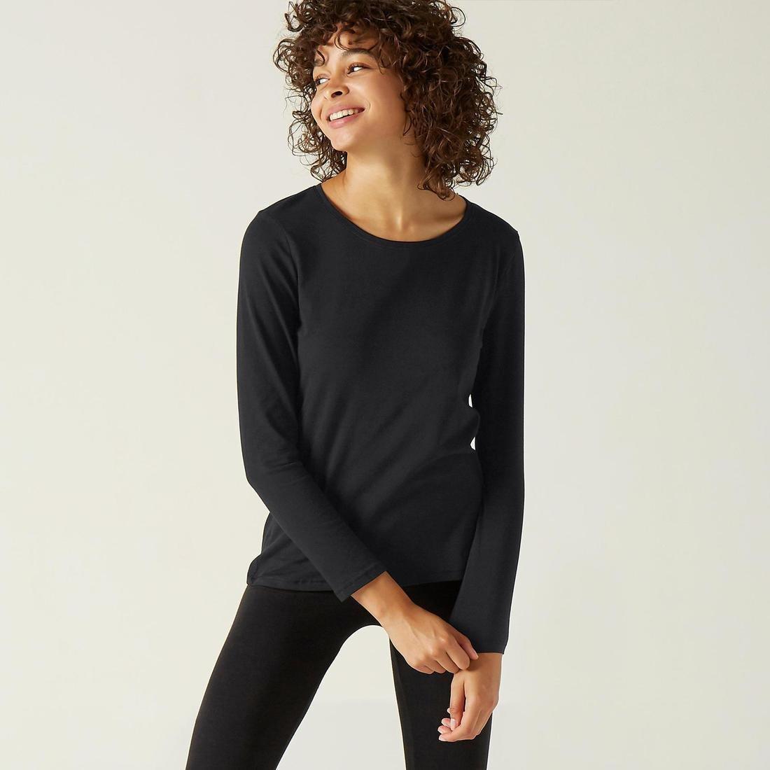ong-Sleeved Cotton Fitness T-Shirt, Black, No Color, large image number 7