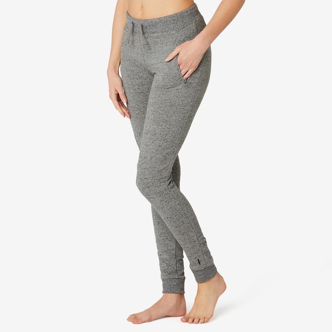 DOMYOS - Warm Slim-Fit Fitness Jogging Bottoms with Zippe Pockets, Grey