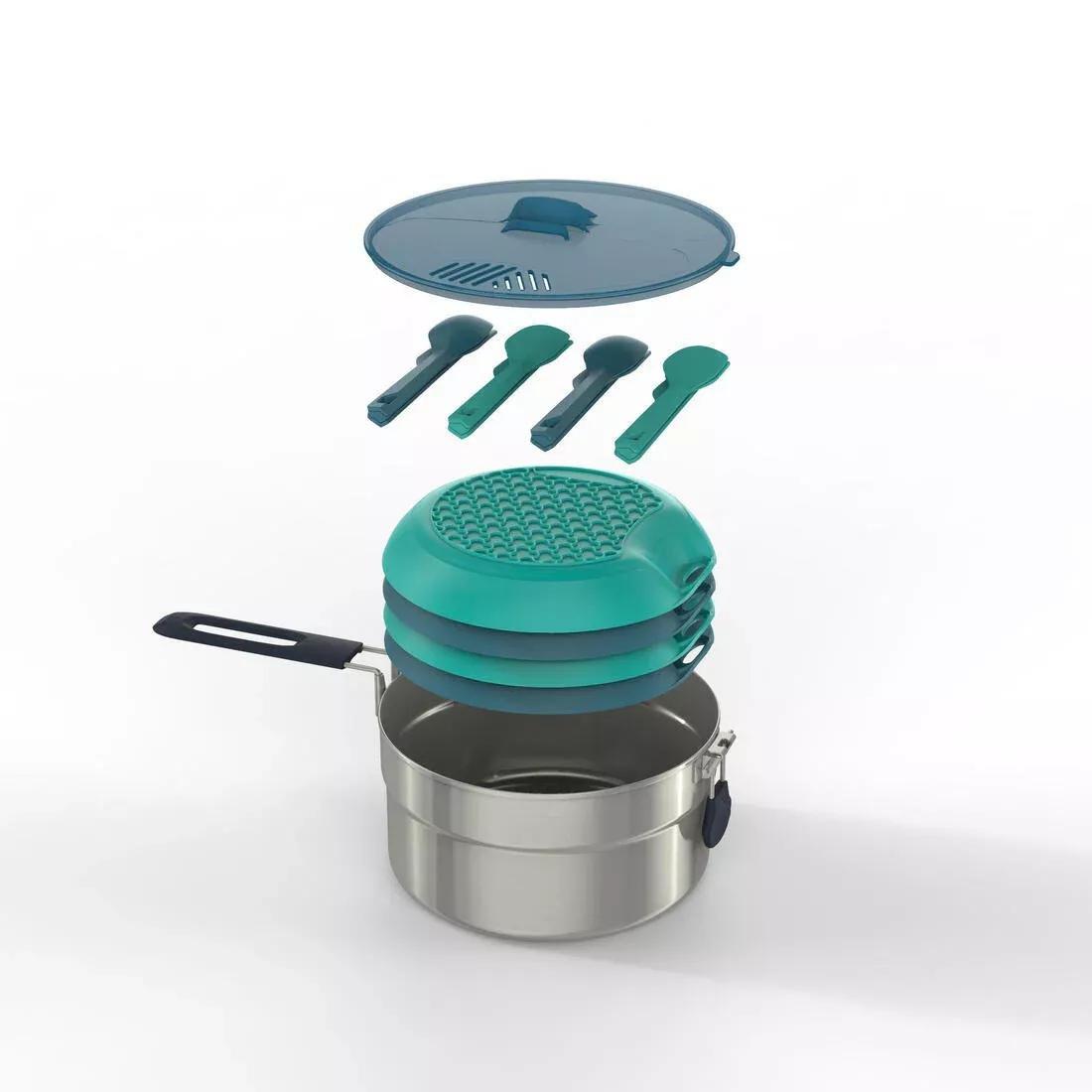 Hiker's Camping Stainless Steel Cooking Set MH100 4 People, Dark Grey, No Color, medium