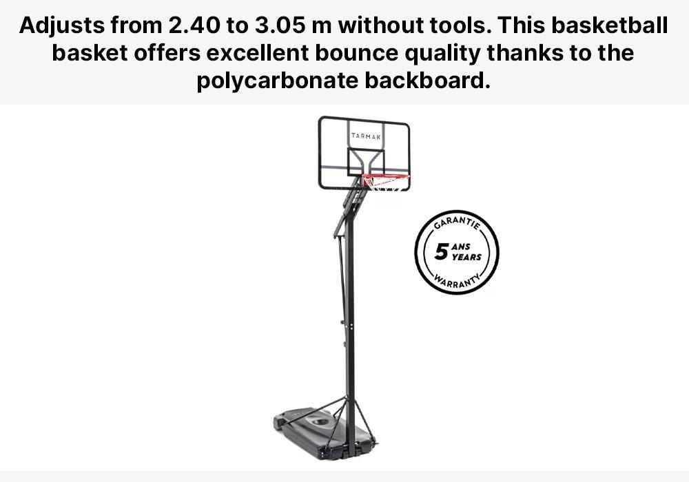 BLACK Basketball Hoop By Tarmak - 2.40m to 3.05m With Easy Adjustment, No Color, medium