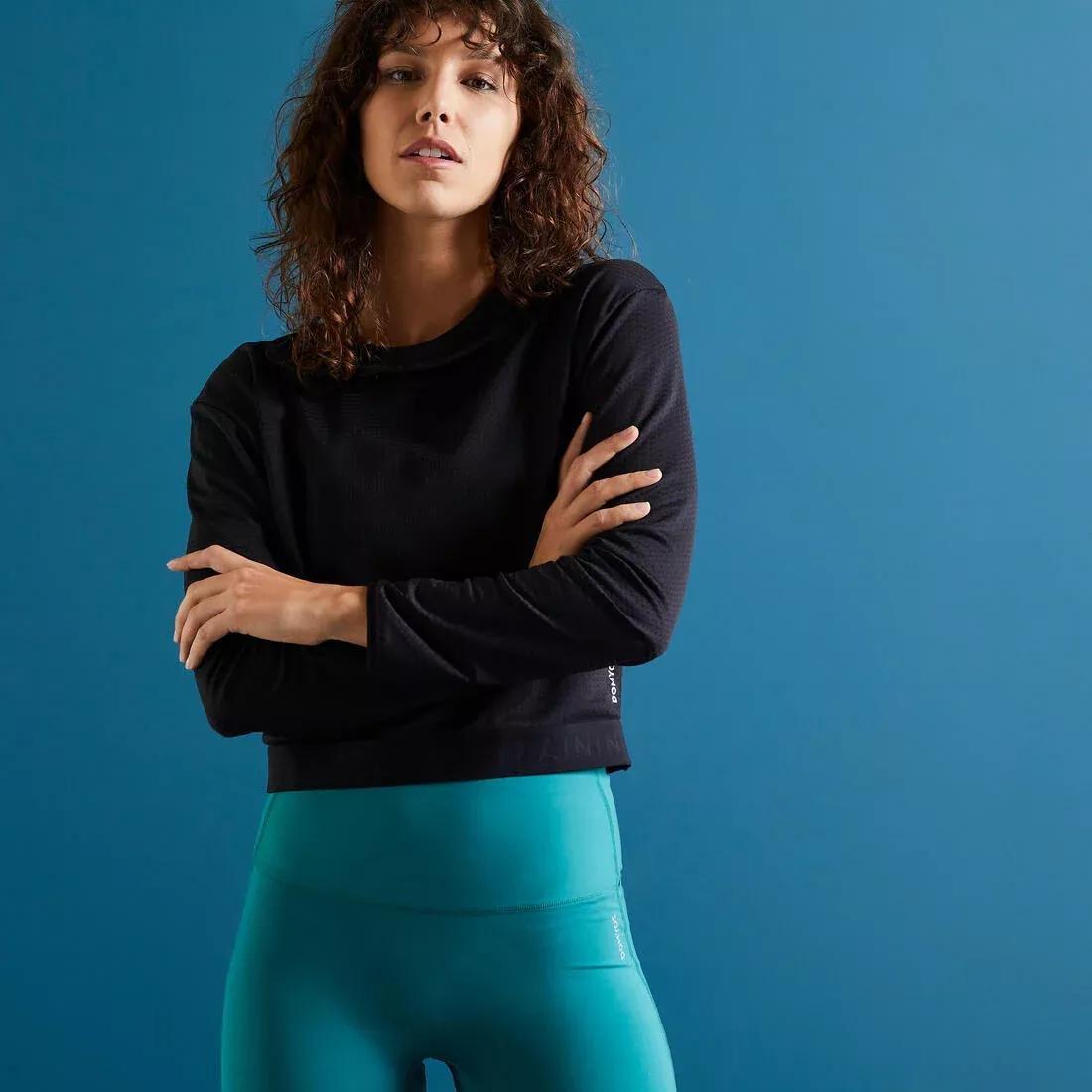 Women Cropped Long-Sleeved Fitness Sweatshirt, Black, No Color, large image number 0