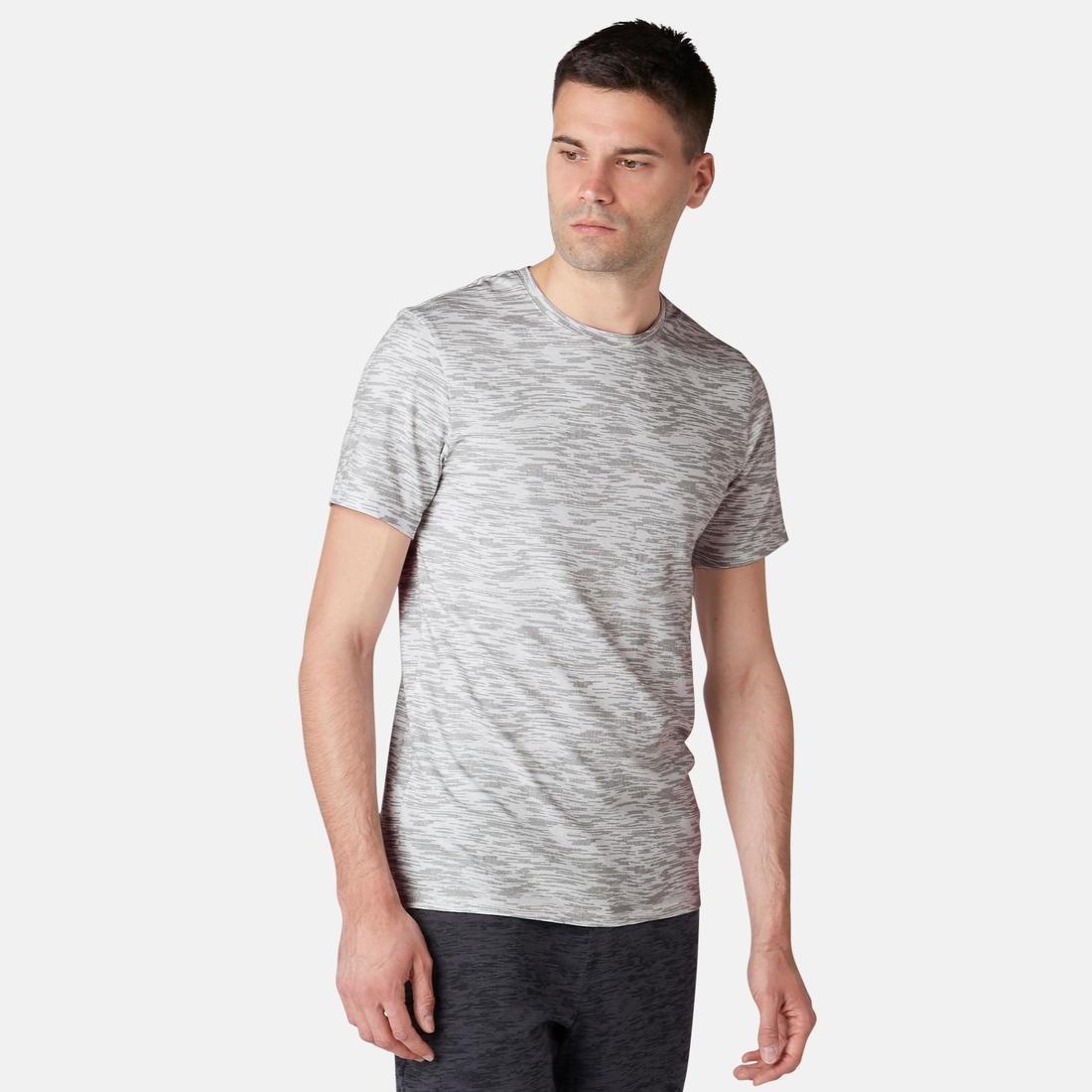 DOMYOS - Slim Fit Stretch Cotton Fitness T-Shirt, Grey