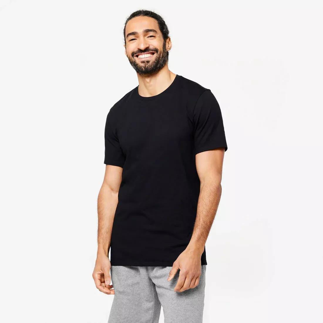 DOMYOS - Slim Fit Stretch Cotton Fitness T-Shirt, Black