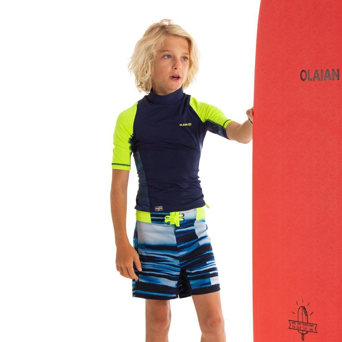 OLAIAN - 500Kids Short Sleeve Uv Protection Surfing Top T-Shirt Print, Fluo Lime Yellow