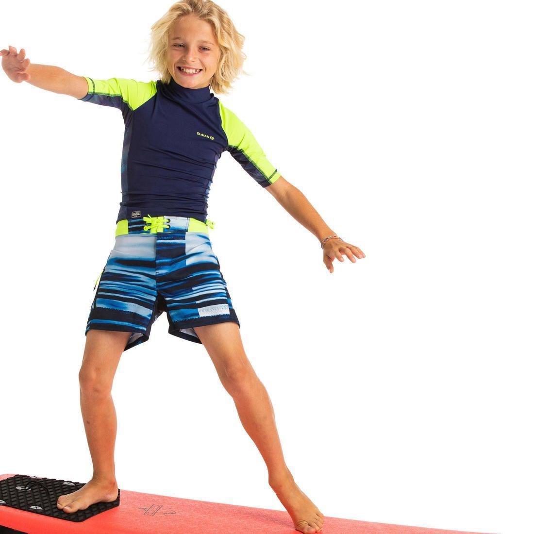 500Kids' Short Sleeve Uv Protection Surfing Top T-Shirt - Print, Yellow, No Color, large image number 3