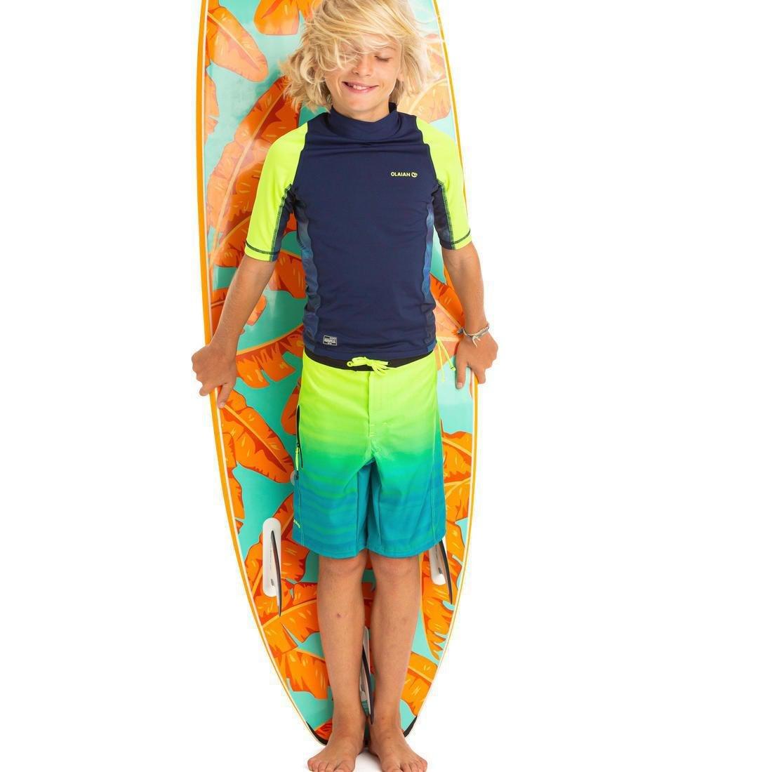 OLAIAN - 500Kids Short Sleeve Uv Protection Surfing Top T-Shirt Print, Fluo Lime Yellow
