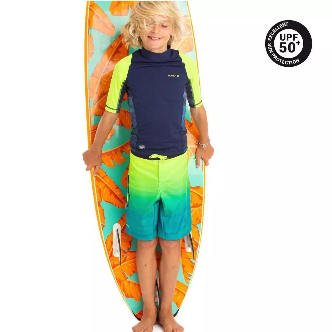 OLAIAN - 500Kids Short Sleeve Uv Protection Surfing Top T-Shirt Print, Fluo Lime Yellow