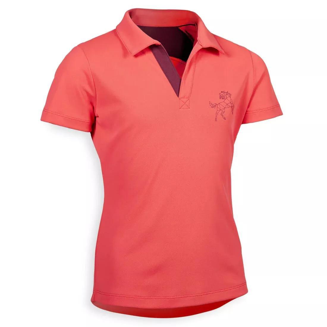 Kids Girls Short-Sleeved Mesh Horse Riding Polo Shirt - 500, Pink, No Color, medium