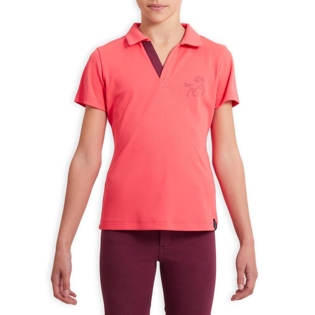 Kids Girls Short-Sleeved Mesh Horse Riding Polo Shirt - 500, Pink, No Color, medium