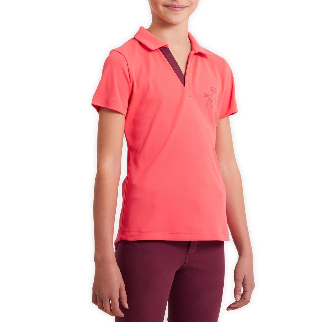 Kids Girls Short-Sleeved Mesh Horse Riding Polo Shirt - 500, Pink, No Color, medium