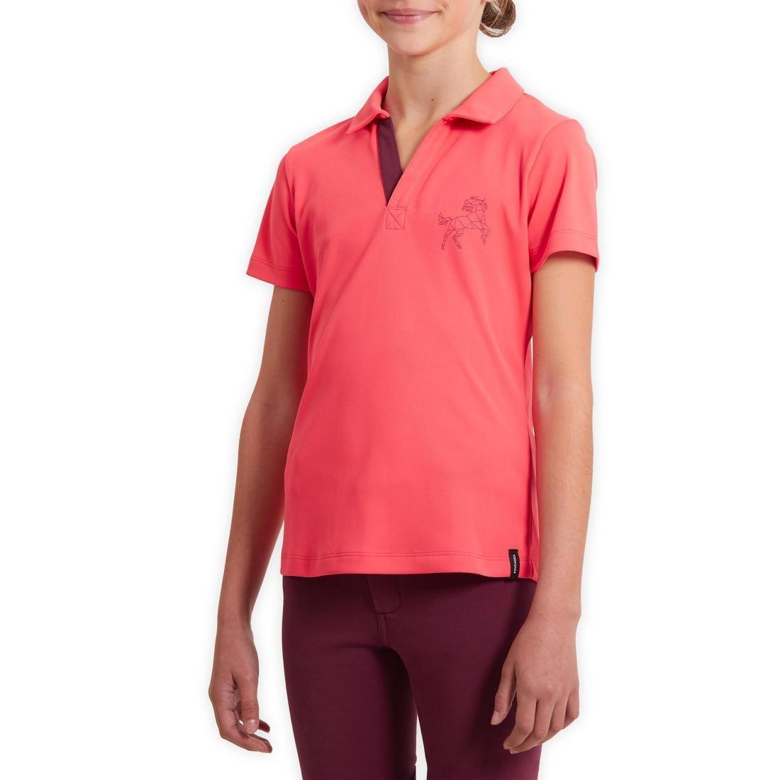 Kids Girls Short-Sleeved Mesh Horse Riding Polo Shirt - 500, Pink, No Color, medium