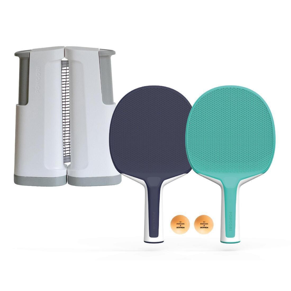 PONGORI - Table Tennis Set with Posts, Adjustable Rollnet, 2 Bats and 2 Balls, White/Grey