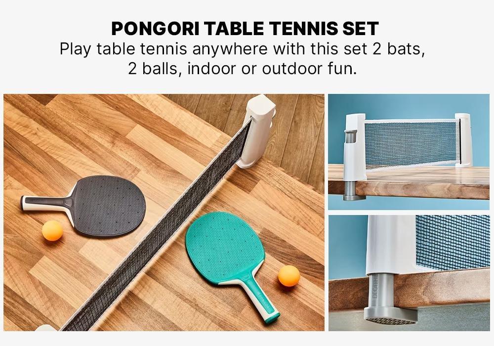 PONGORI - Table Tennis Set with Posts, Adjustable Rollnet, 2 Bats and 2 Balls, White/Grey