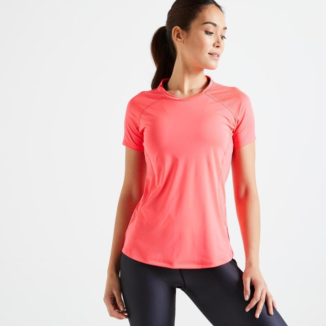 Womens' Close-Fitting Fitness T-Shirt, Fluo Coral Pink, No Color, large image number 0
