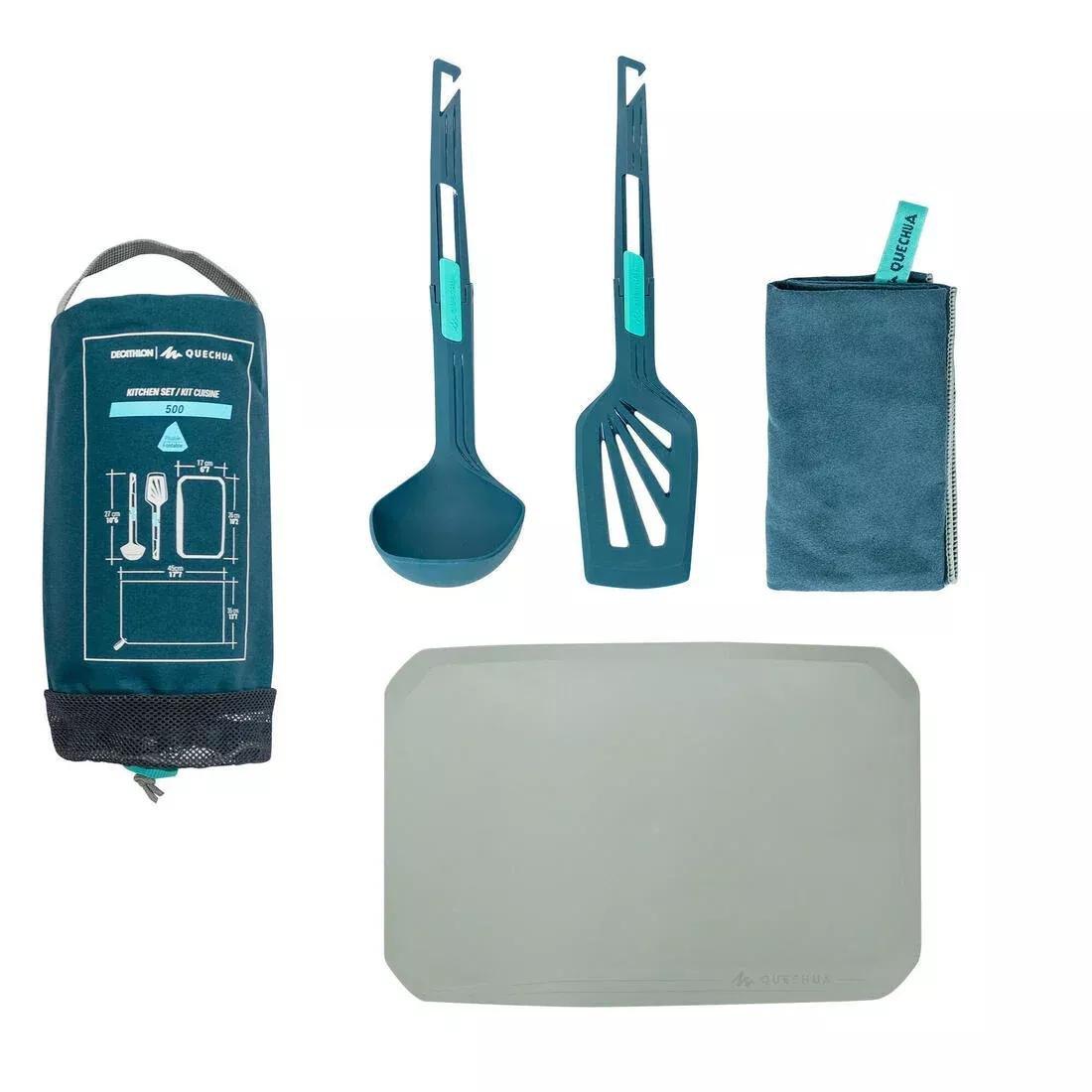Kitchen Set MH500 (Spatula, Ladle, Tea Towel, Chopping Board) For Hiking Camp, Light Petrol Blue, No Color, large image number 0