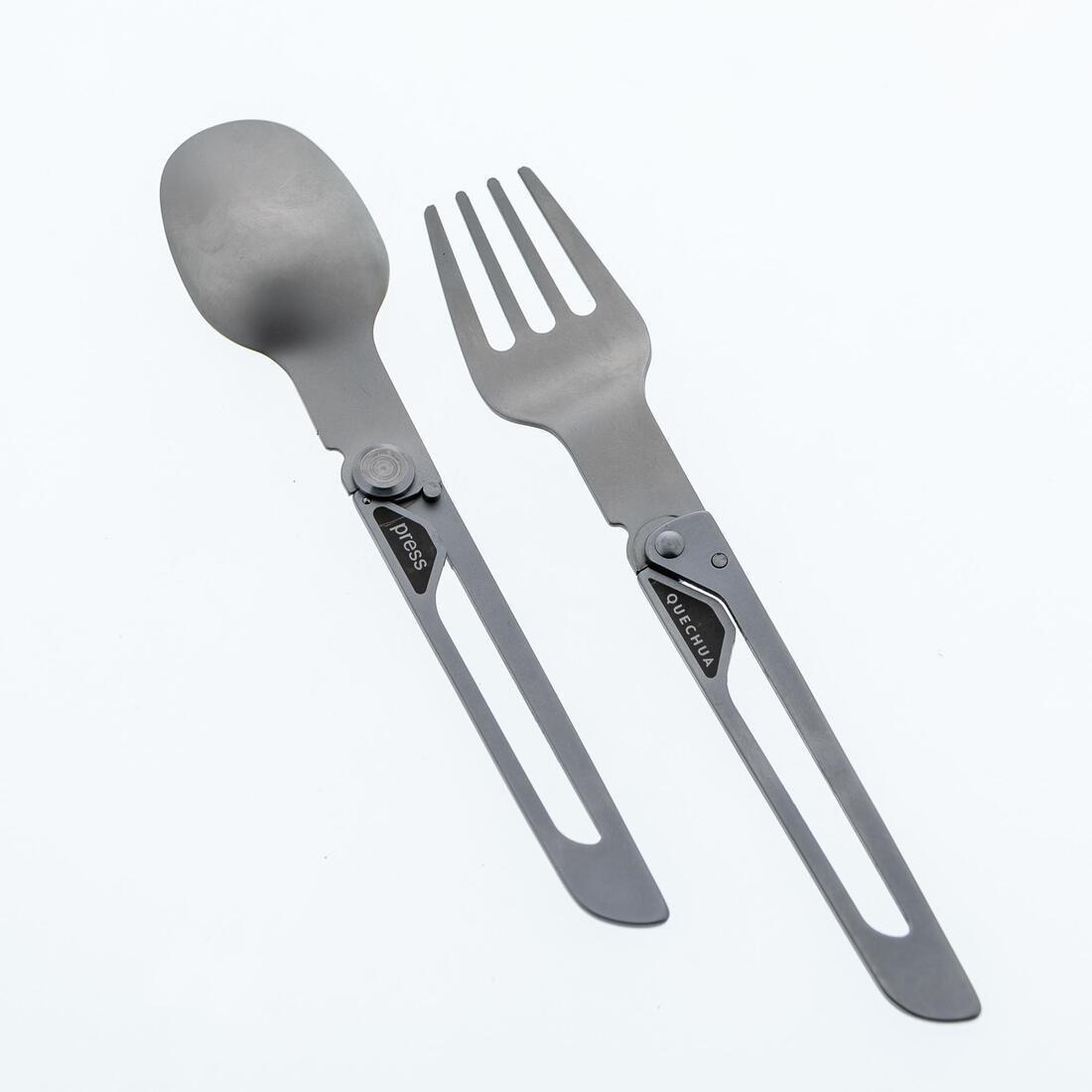 QUECHUA - Foldable Stainless Steel Camping Fork and Spoon, Grey