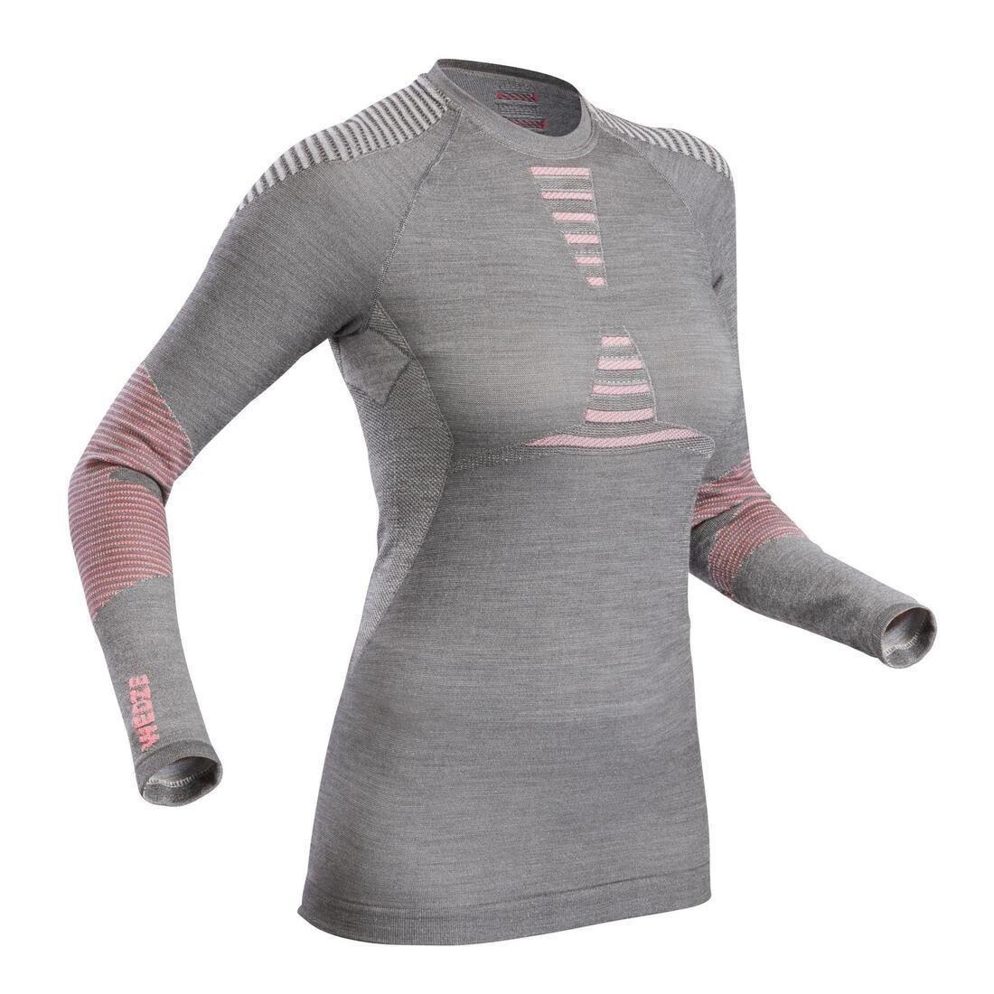 Women Merino Wool Seamless Thermal Base Layer Ski Top - 900, Grey/Pink, , large image number 1