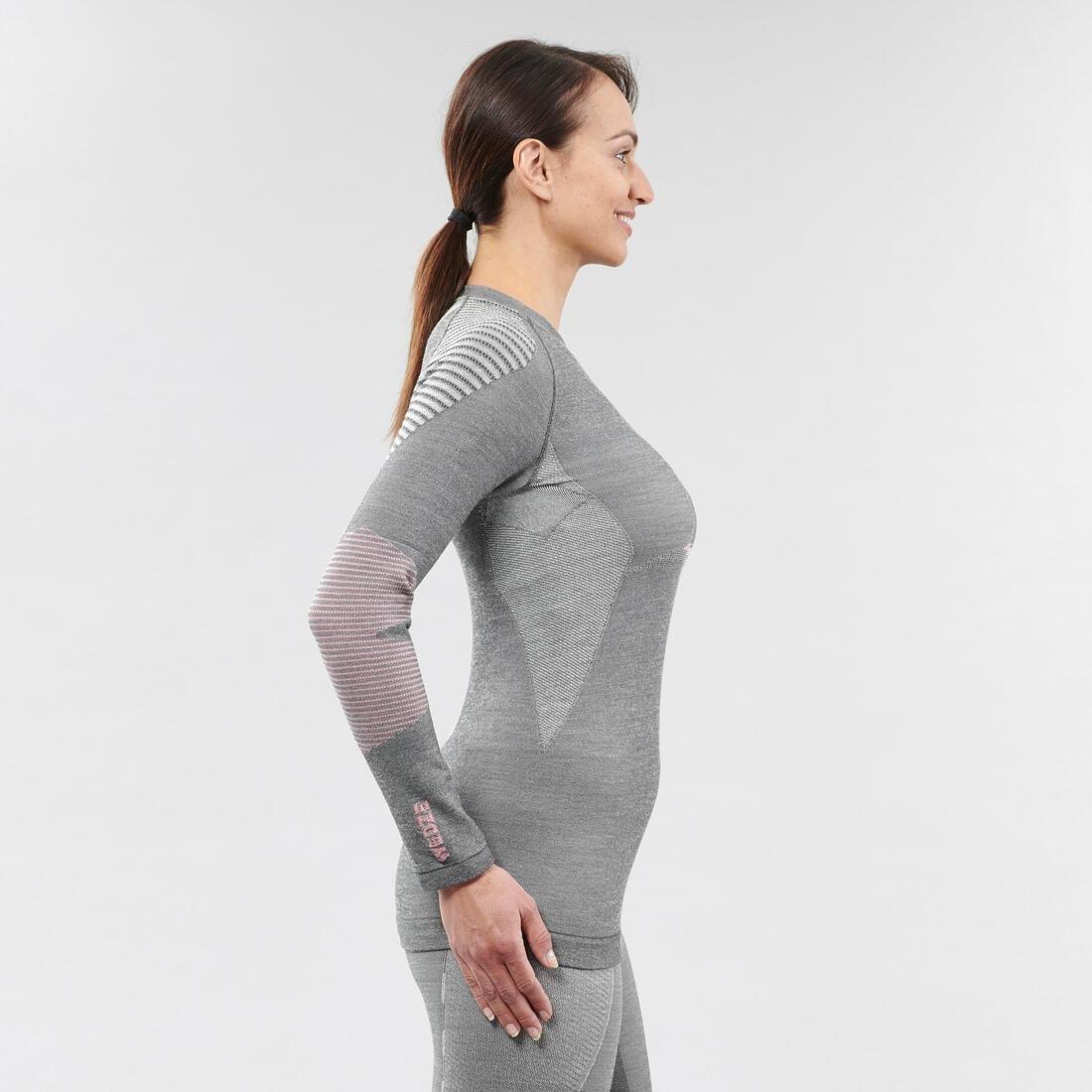 Women Merino Wool Seamless Thermal Base Layer Ski Top - 900, Grey/Pink, , large image number 2