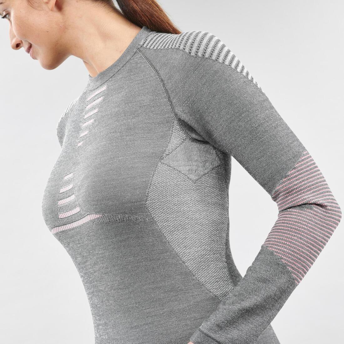 Women Merino Wool Seamless Thermal Base Layer Ski Top - 900, Grey/Pink, , large image number 4