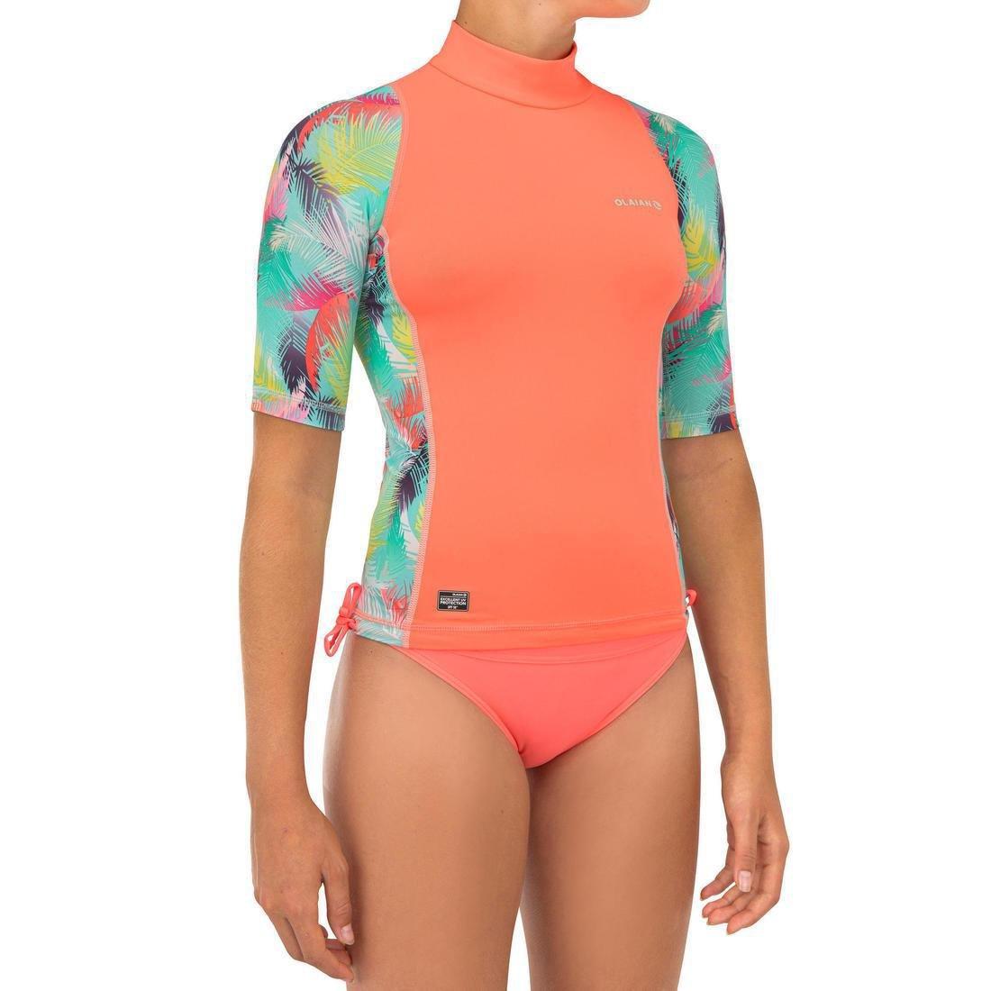 500 Girls' Short Sleeve UV-Protection Surfing T-Shirt, Aqua, No Color, large image number 1