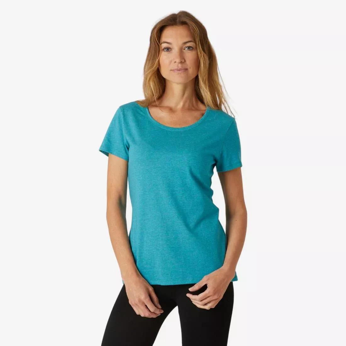 Women's Short-Sleeved Slim-Fit Stretchy Cotton Crew Neck Fitness T-Shirt, Turquoise, No Color, medium
