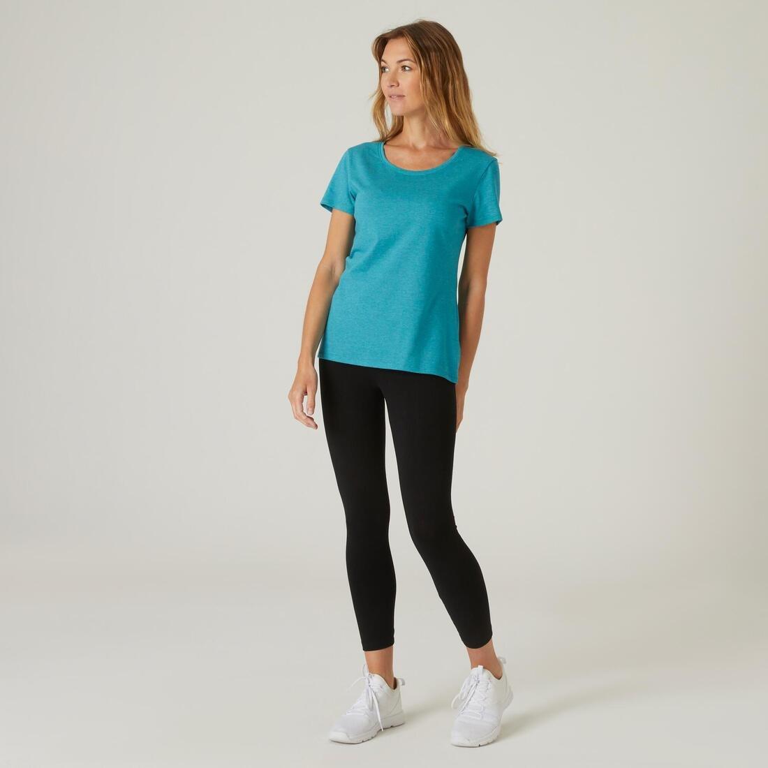 Women's Short-Sleeved Slim-Fit Stretchy Cotton Crew Neck Fitness T-Shirt, Turquoise, No Color, large image number 2