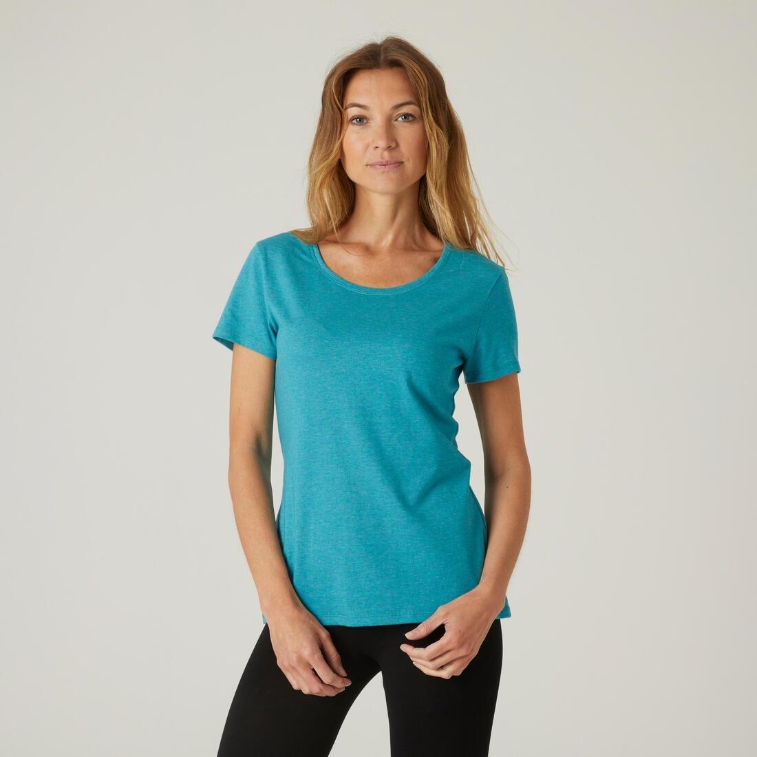 Women's Short-Sleeved Slim-Fit Stretchy Cotton Crew Neck Fitness T-Shirt, Turquoise, No Color, large image number 12