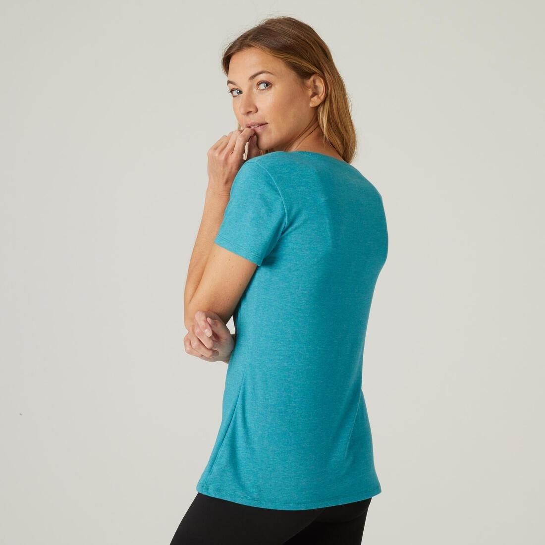 Women's Short-Sleeved Slim-Fit Stretchy Cotton Crew Neck Fitness T-Shirt, Turquoise, No Color, large image number 14