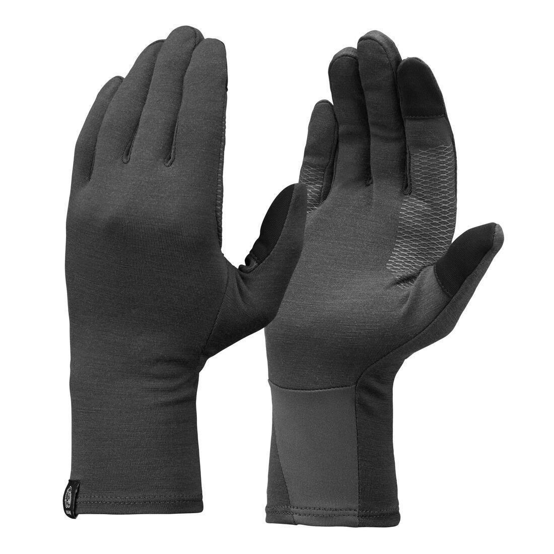 Adult Mountain Trekking Merino Wool Liner Gloves Trek 500, Carbon Grey, No Color, medium