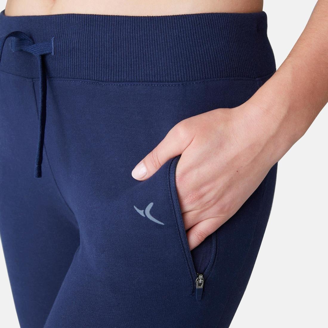 DOMYOS - Warm Slim-FitFitness Jogging Bottoms With Zippe Pockets, Navy Blue