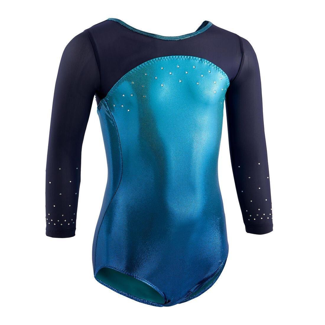 Girls Artistic Gymnastics 3/4-Sleeve Leotard, Blue, No Color, medium