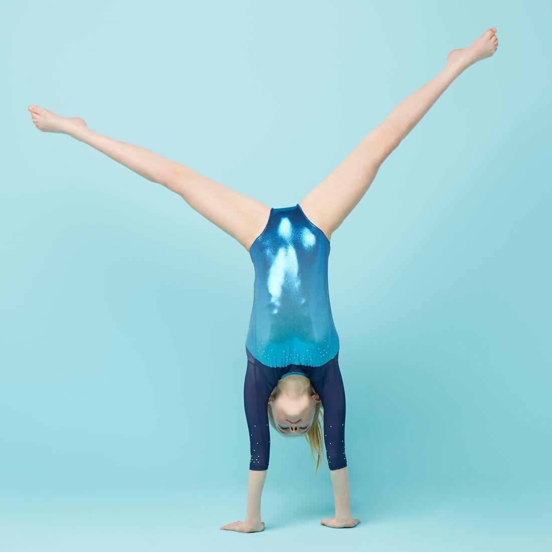 Kids Girls Artistic Gymnastics 3/4-Sleeve Leotard, Blue, No Color, large image number 9