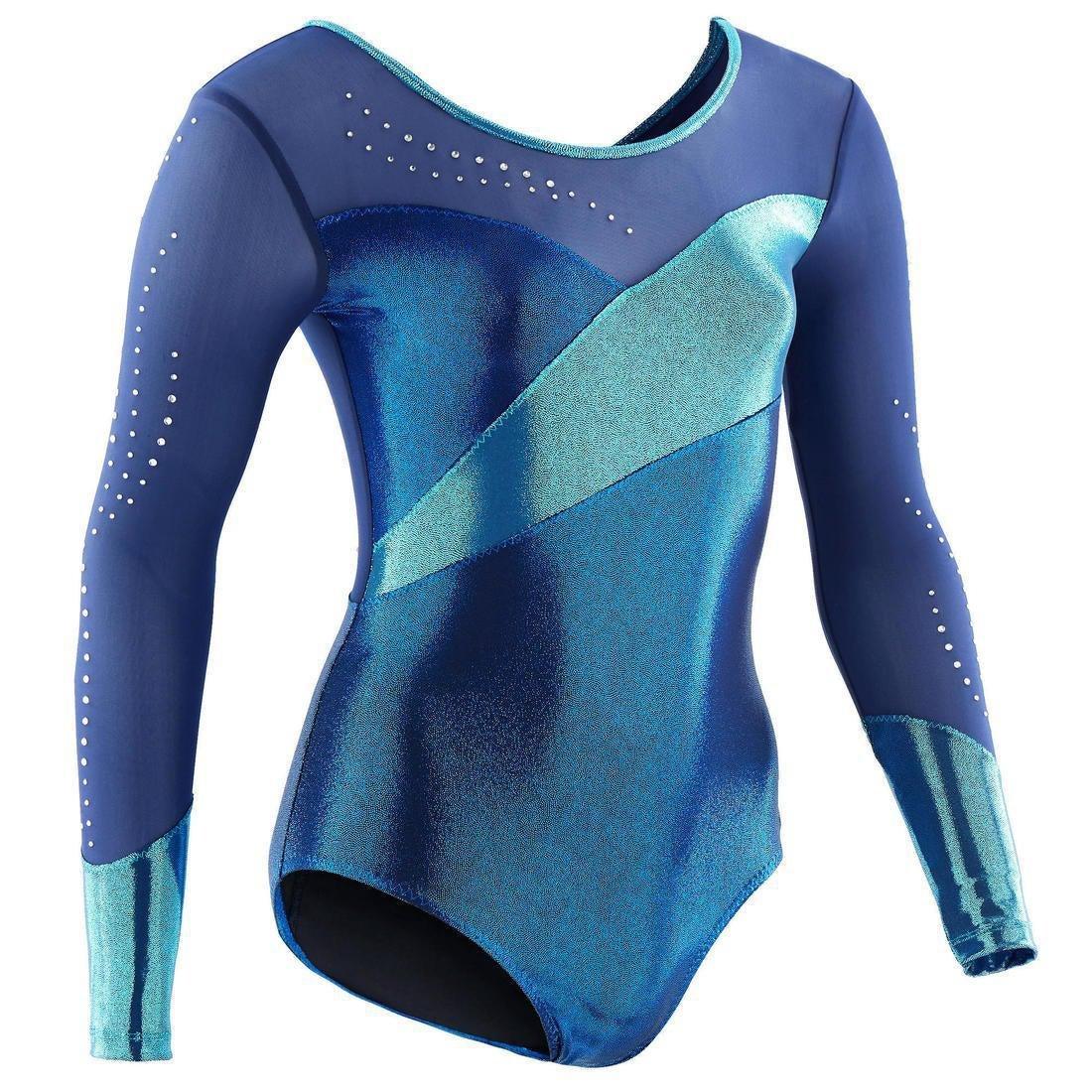 Kids Girls Artistic Gymnastics Long-Sleeved Leotard, Blue, No Color, medium