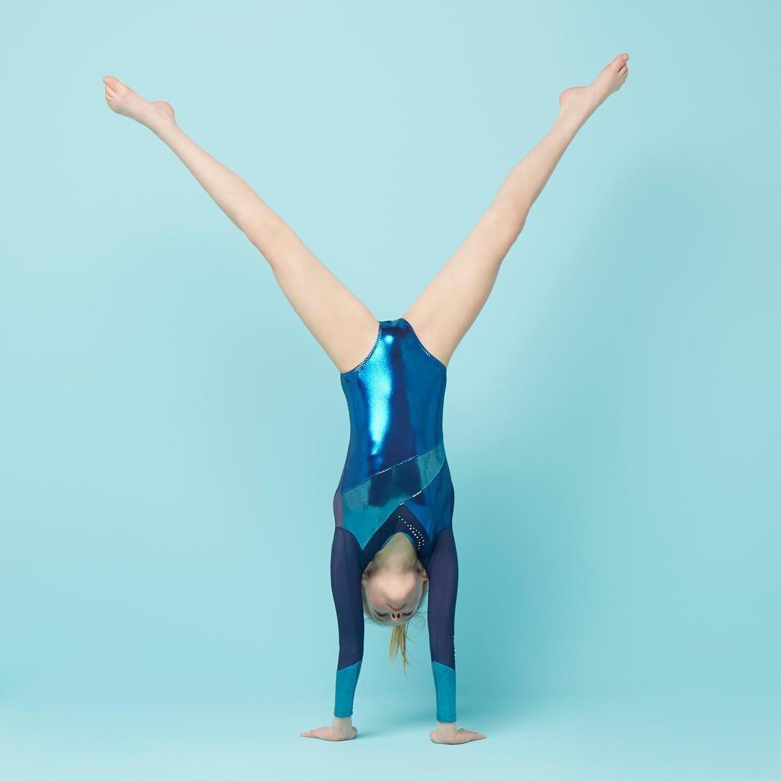 Kids Girls Artistic Gymnastics Long-Sleeved Leotard, Blue, No Color, large image number 1