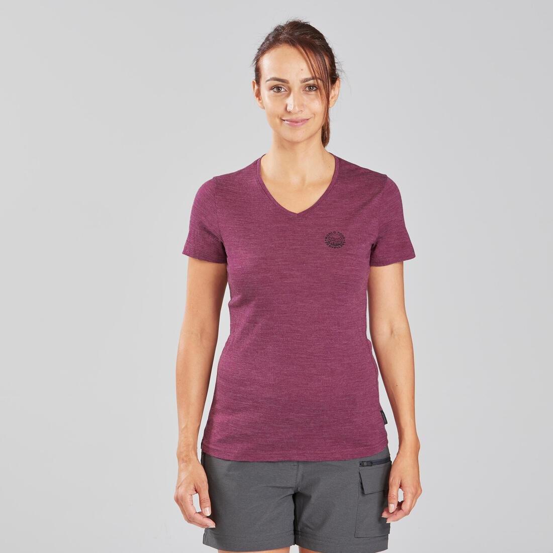 FORCLAZ - Women's Short-Sleeved Merino Wool Trekking Travel T-Shirt - TRAVEL 100, BRIGHT DAMSON