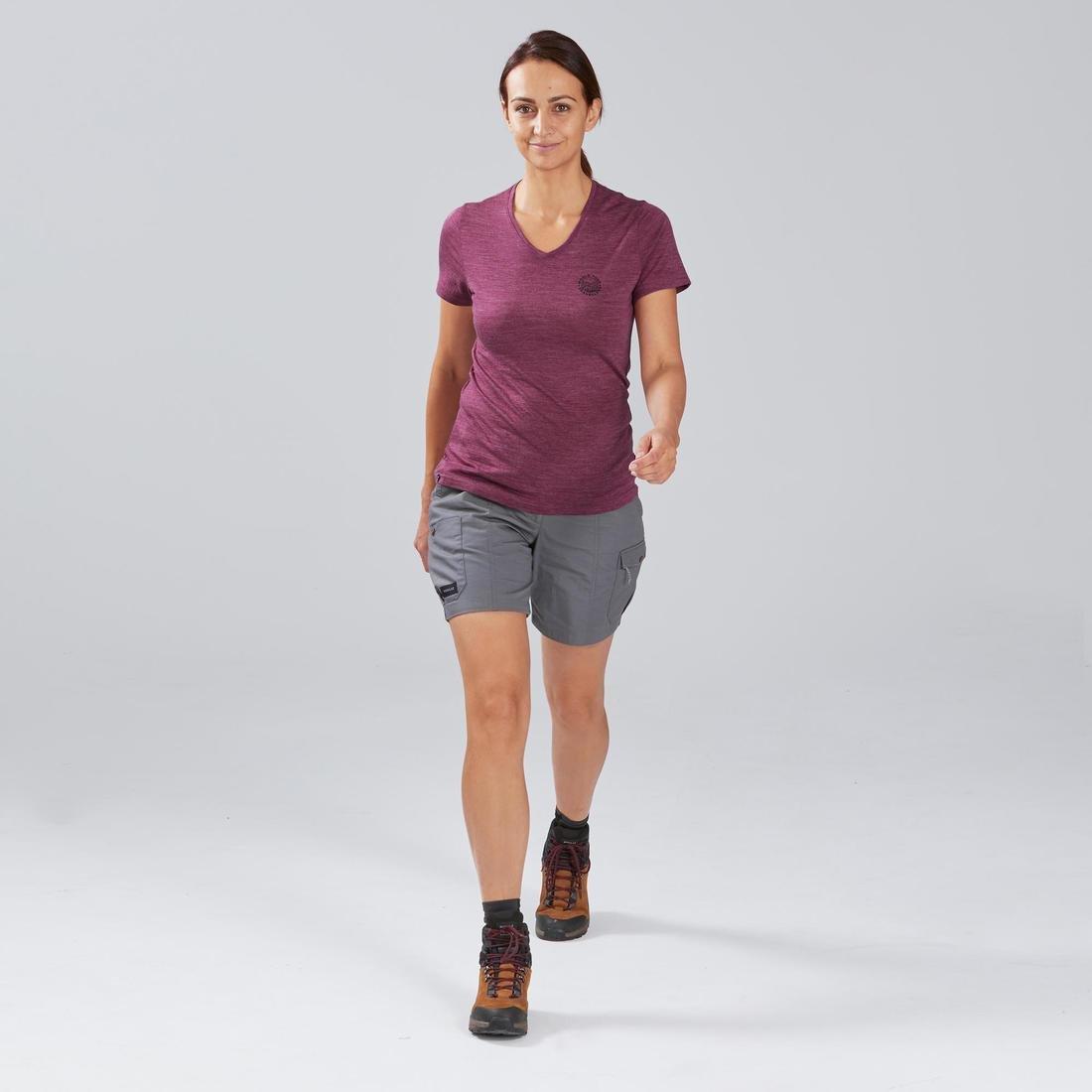 FORCLAZ - Women's Short-Sleeved Merino Wool Trekking Travel T-Shirt - TRAVEL 100, BRIGHT DAMSON