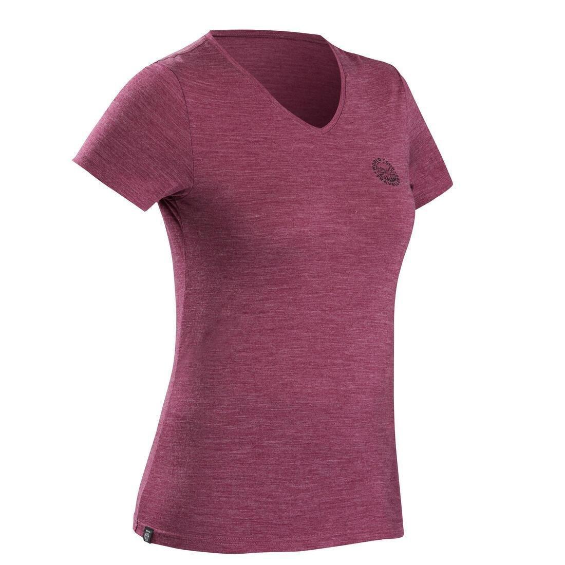 FORCLAZ - Women's Short-Sleeved Merino Wool Trekking Travel T-Shirt - TRAVEL 100, BRIGHT DAMSON