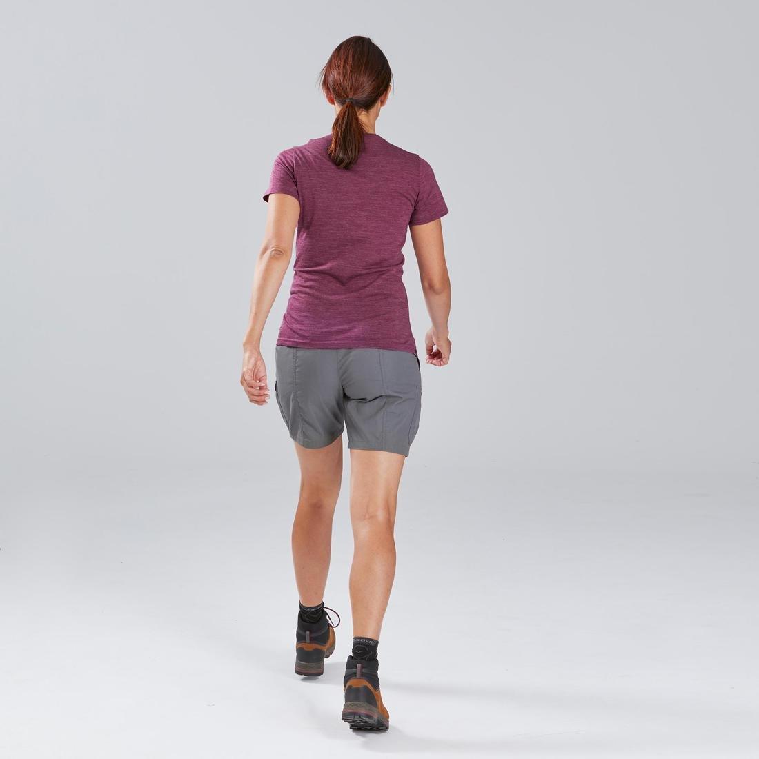 FORCLAZ - Women's Short-Sleeved Merino Wool Trekking Travel T-Shirt - TRAVEL 100, BRIGHT DAMSON