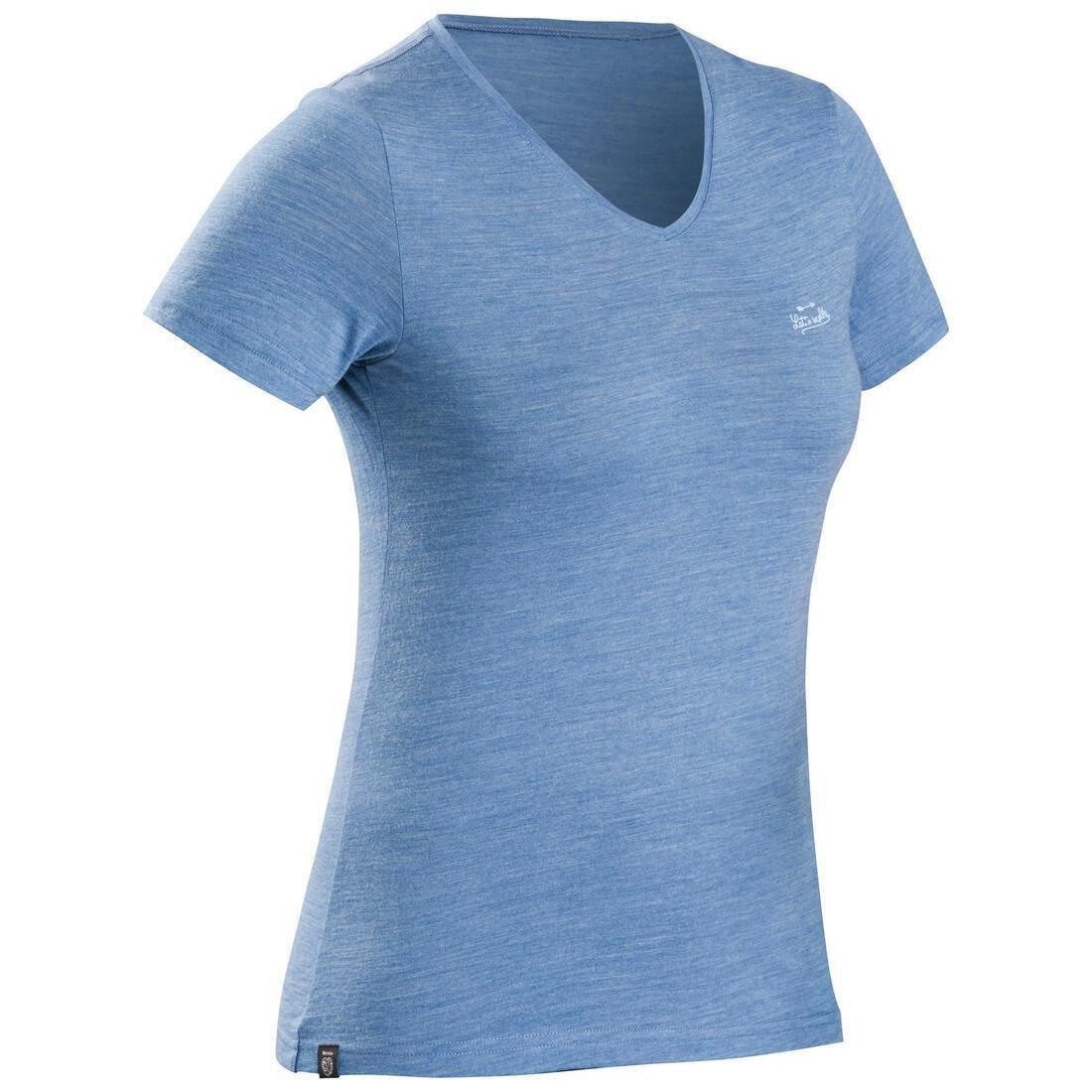 FORCLAZ - Women's Short-Sleeved Merino Wool Trekking Travel T-Shirt - TRAVEL 100, BRIGHT DAMSON