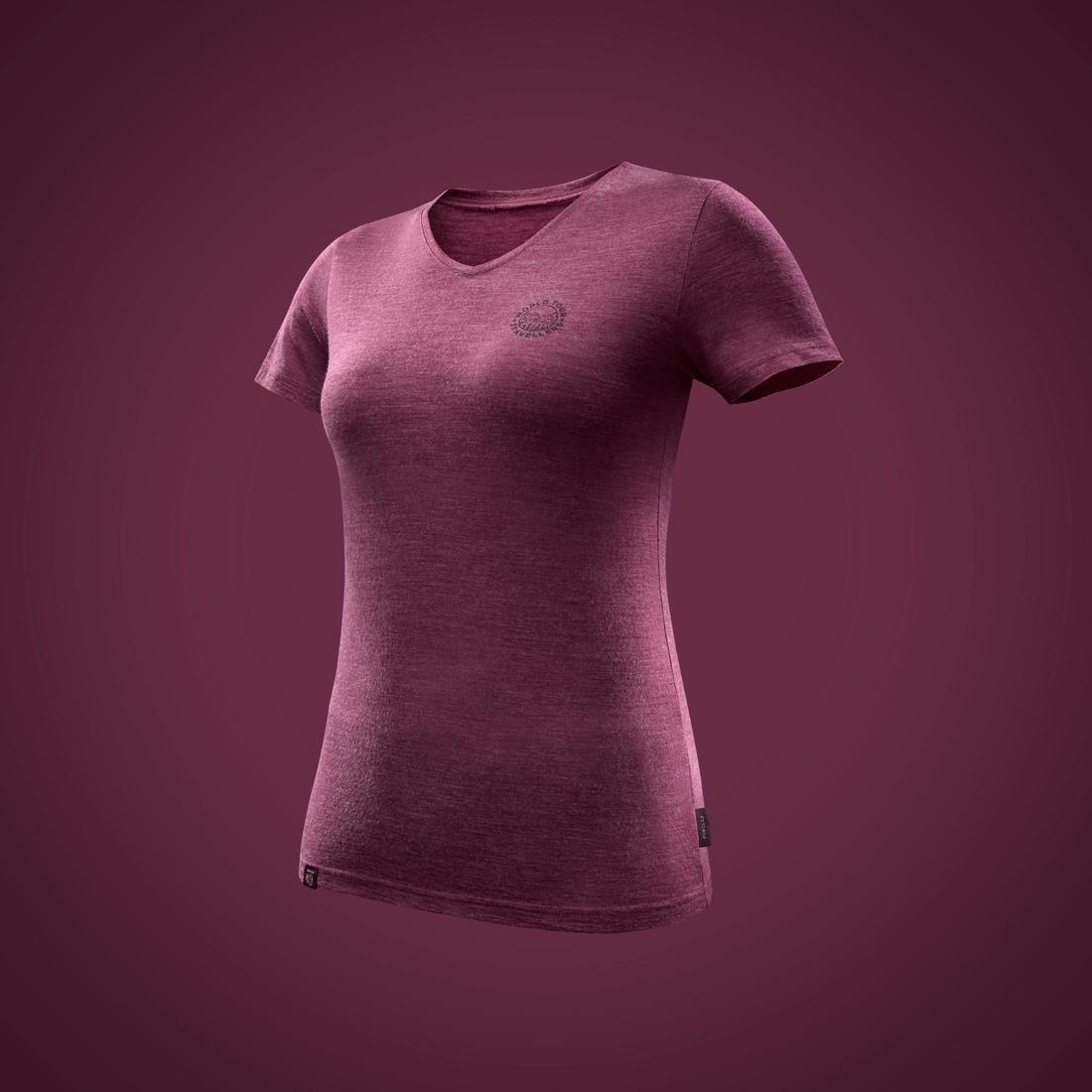 FORCLAZ - Women's Short-Sleeved Merino Wool Trekking Travel T-Shirt - TRAVEL 100, BRIGHT DAMSON