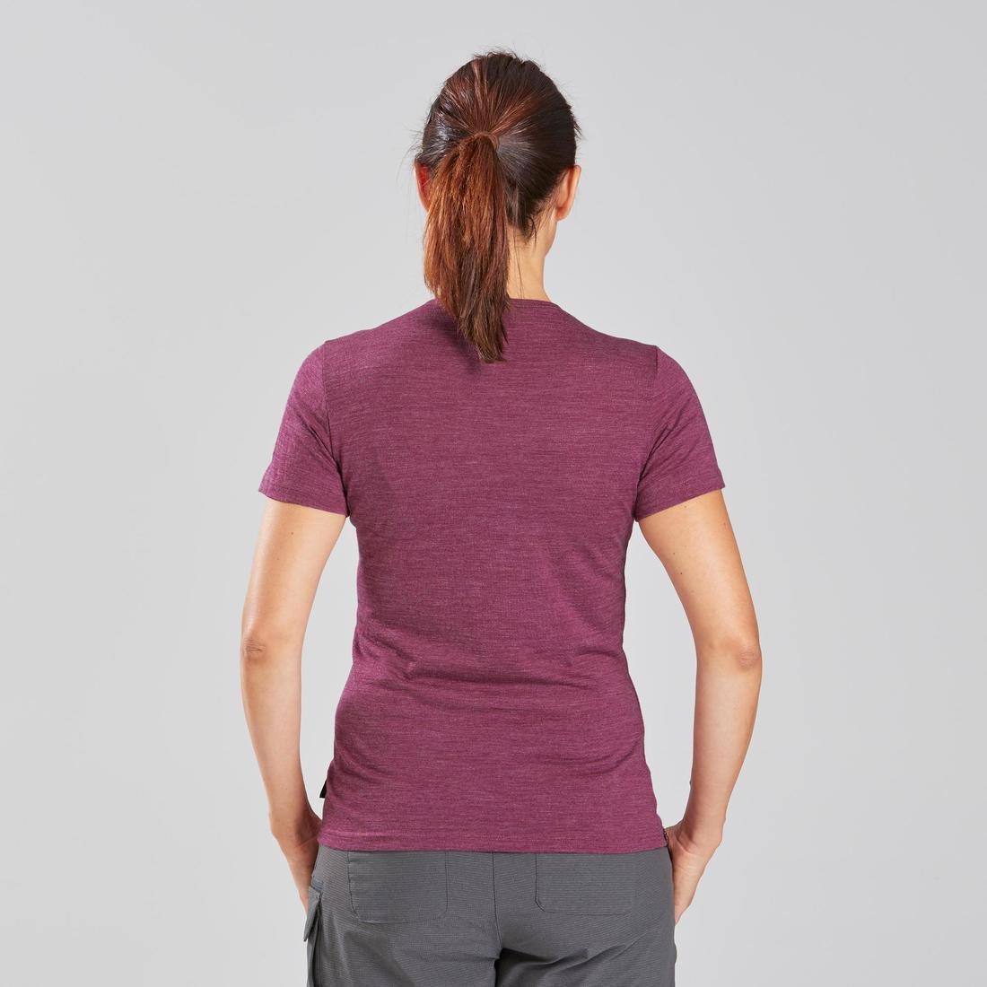 FORCLAZ - Women's Short-Sleeved Merino Wool Trekking Travel T-Shirt - TRAVEL 100, BRIGHT DAMSON