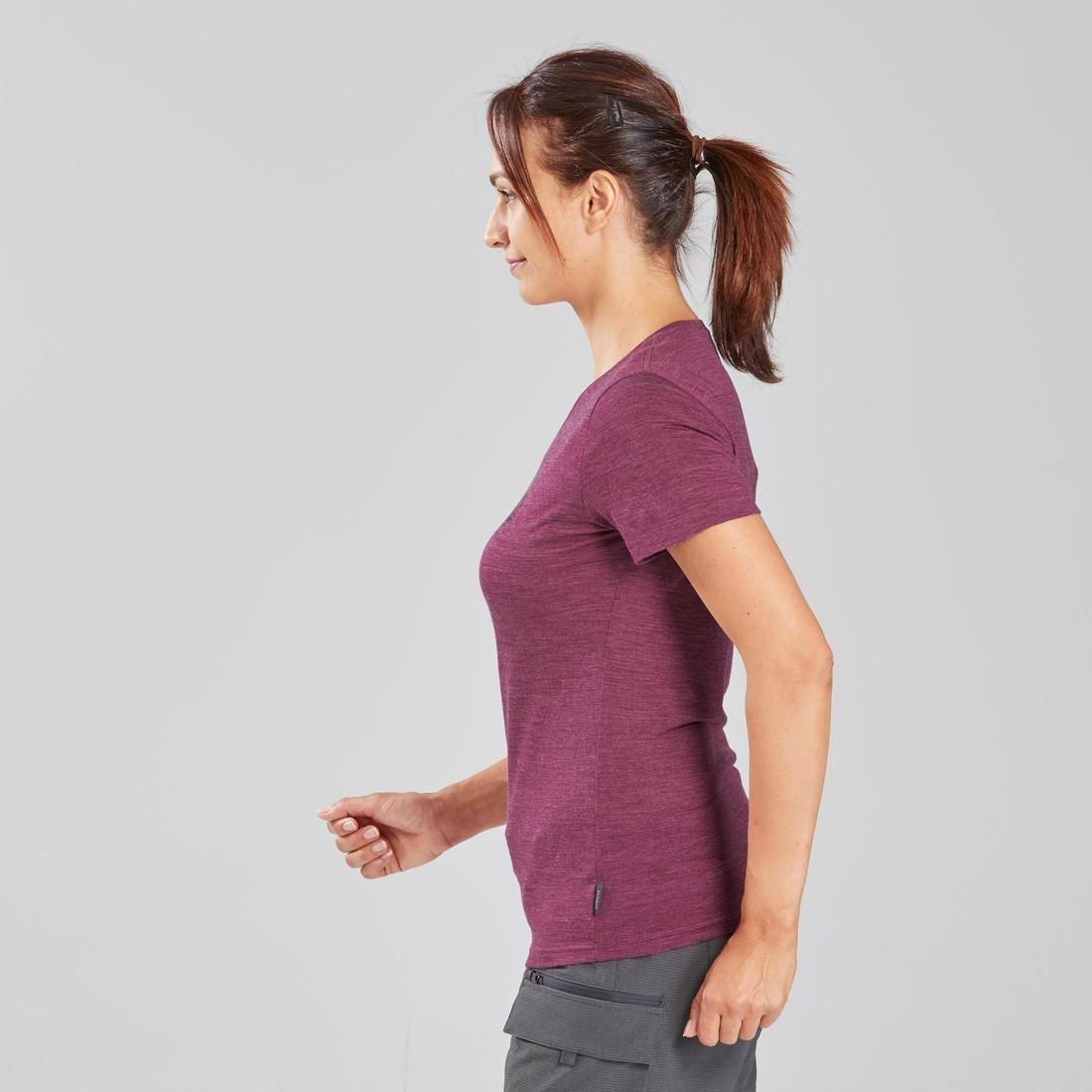 PLUM PURPLE Women's Short-Sleeved Merino Wool Trekking Travel T-Shirt - TRAVEL 100, No Color, large image number 12