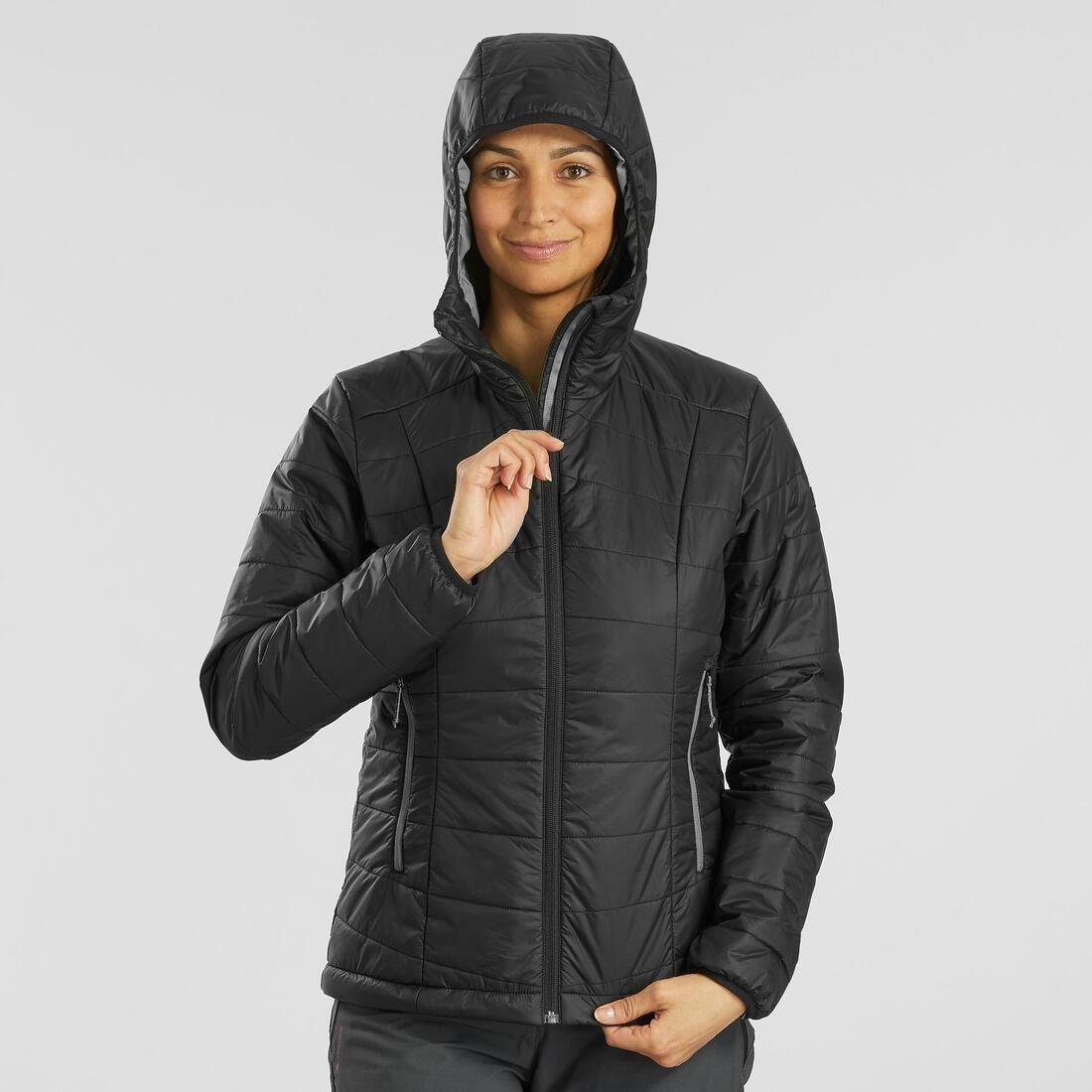Women Mountain Trekking Padded Jacket With Hood - Mt100, Black, No Color, medium